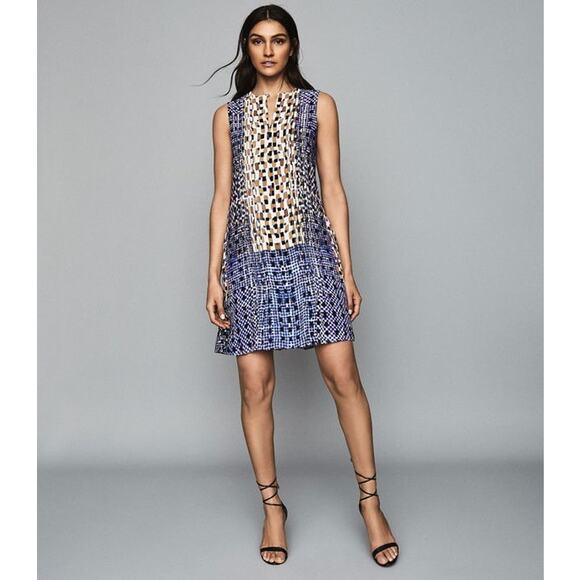 Reiss Saskia Sleeveless Shift Dress Size 2 Blue Abstract Tile - Picture 6 of 16